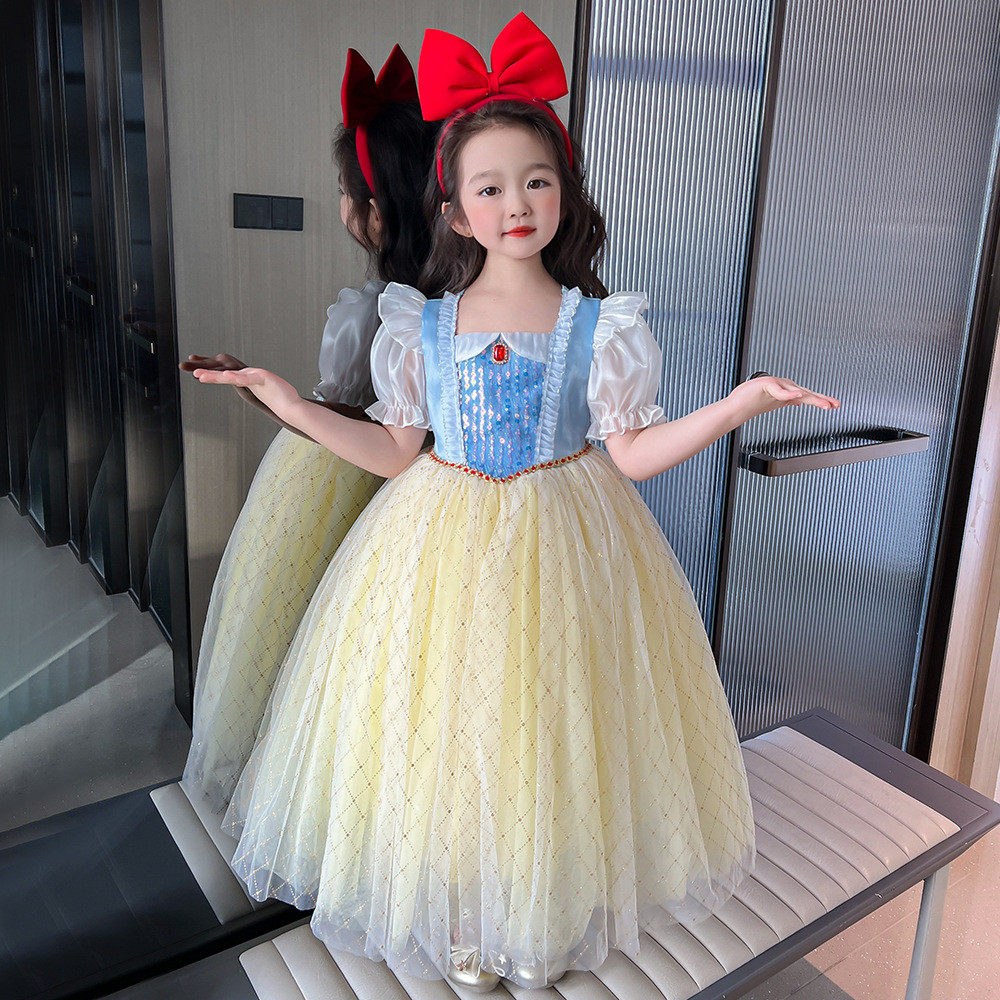 Estoque pronto frete grátis vestido infantil meninas vestido branco de neve verão vestido de manga curta feminino vestid