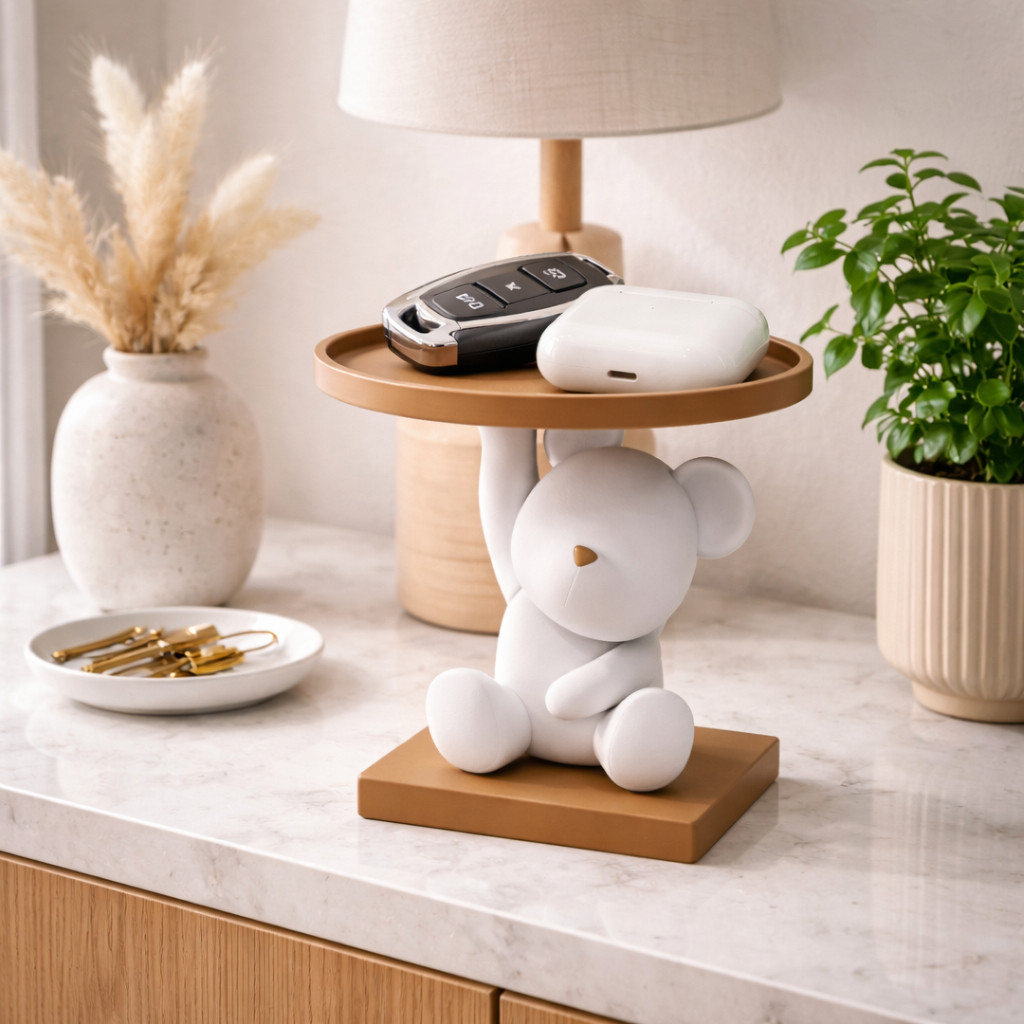 Suporte Alexa Echo Dot Ursinho com Bandeja | Organizador de Mesa Decorativo Porta Objetos Moderno