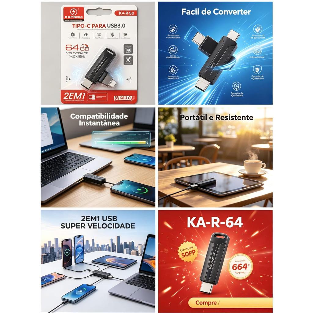 Pendrive  16/64/128GB 2 em 1 USB 3.0 + Type-C Alta Velocidade