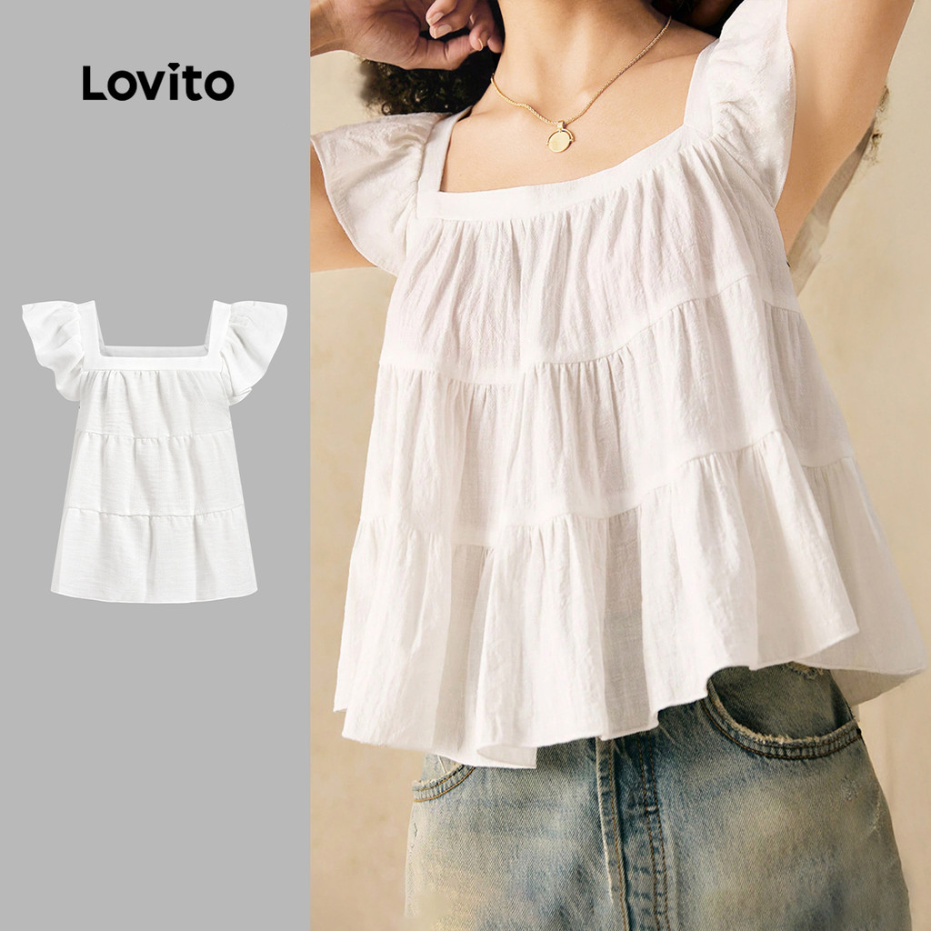 Lovito Férias Blusa Feminina com Babados Franzidos Primavera/verão Blusa Branca 
