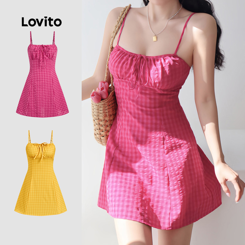 Lovito Casual Vestido com Renda Zíper Macio e Confortável Primavera/verão Vermel