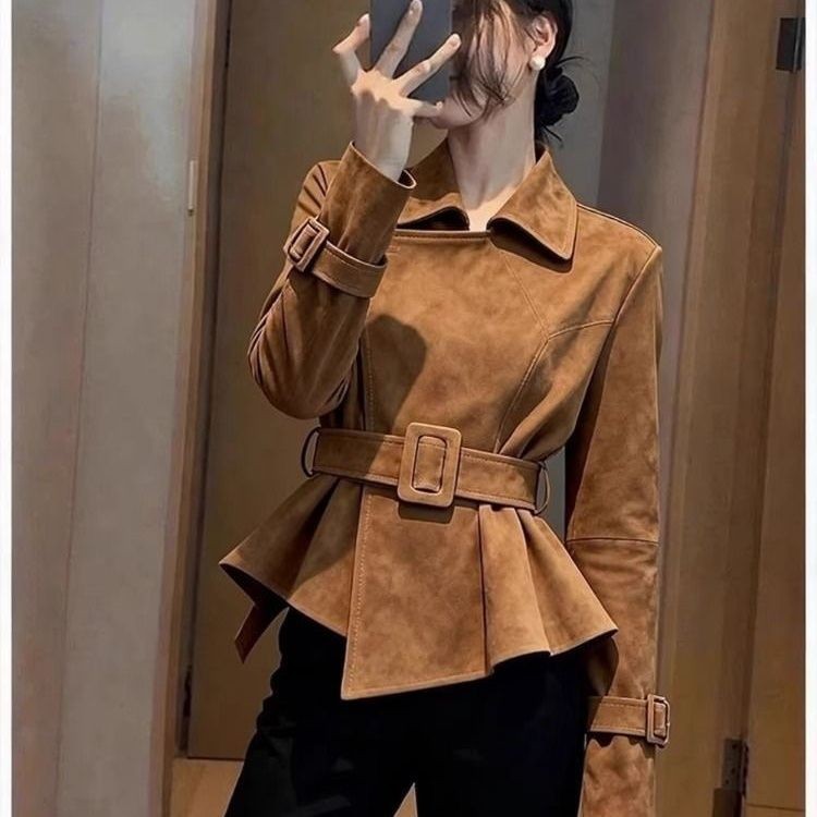 Início da primavera único Super bonito Merad Retro High-End sentimento marrom lapela camurça jaqueta de couro jaqueta cu