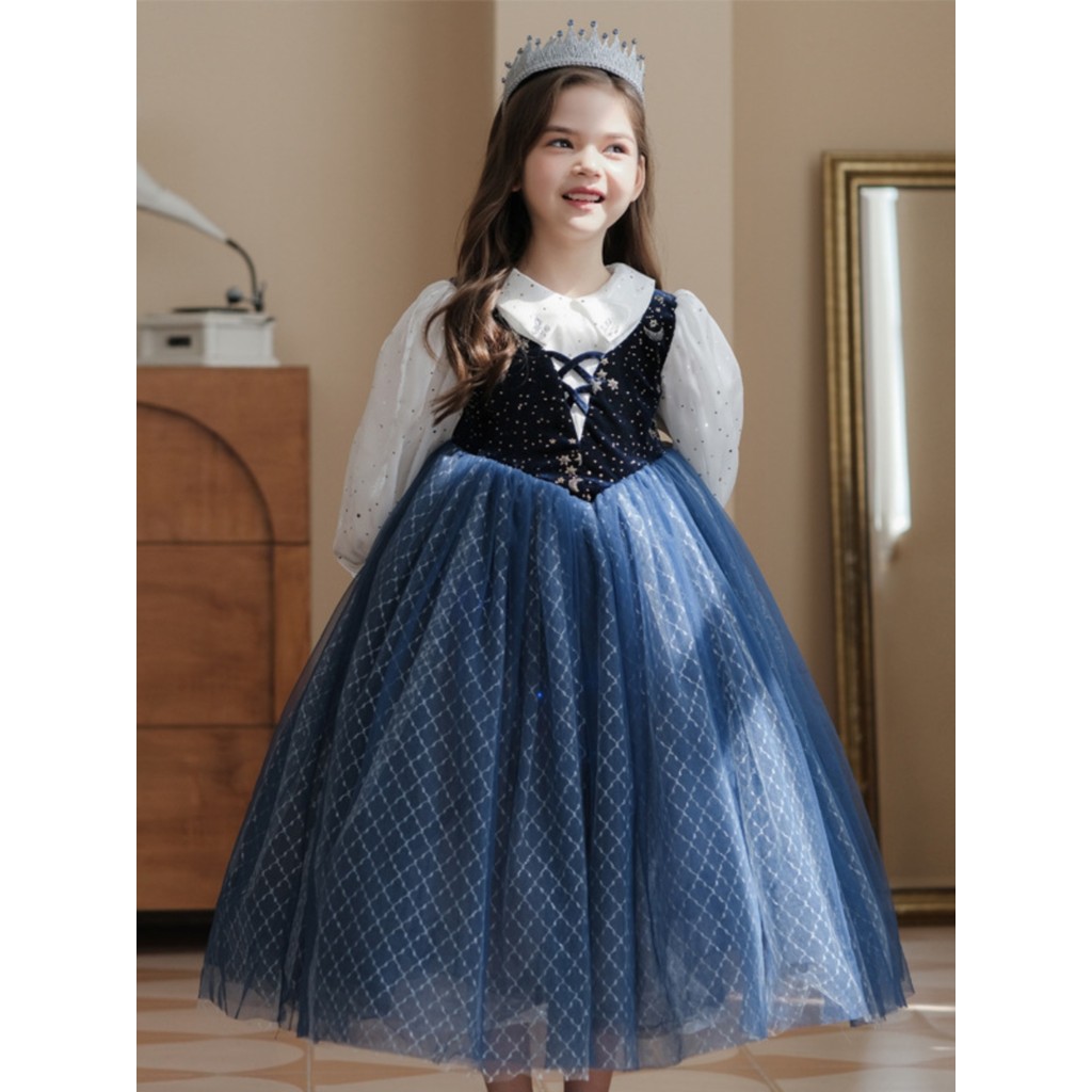 Frozen Princess Anna Vestido de gaze de manga comprida para meninas Vestido de manga bufante outono inverno Elsa Show de