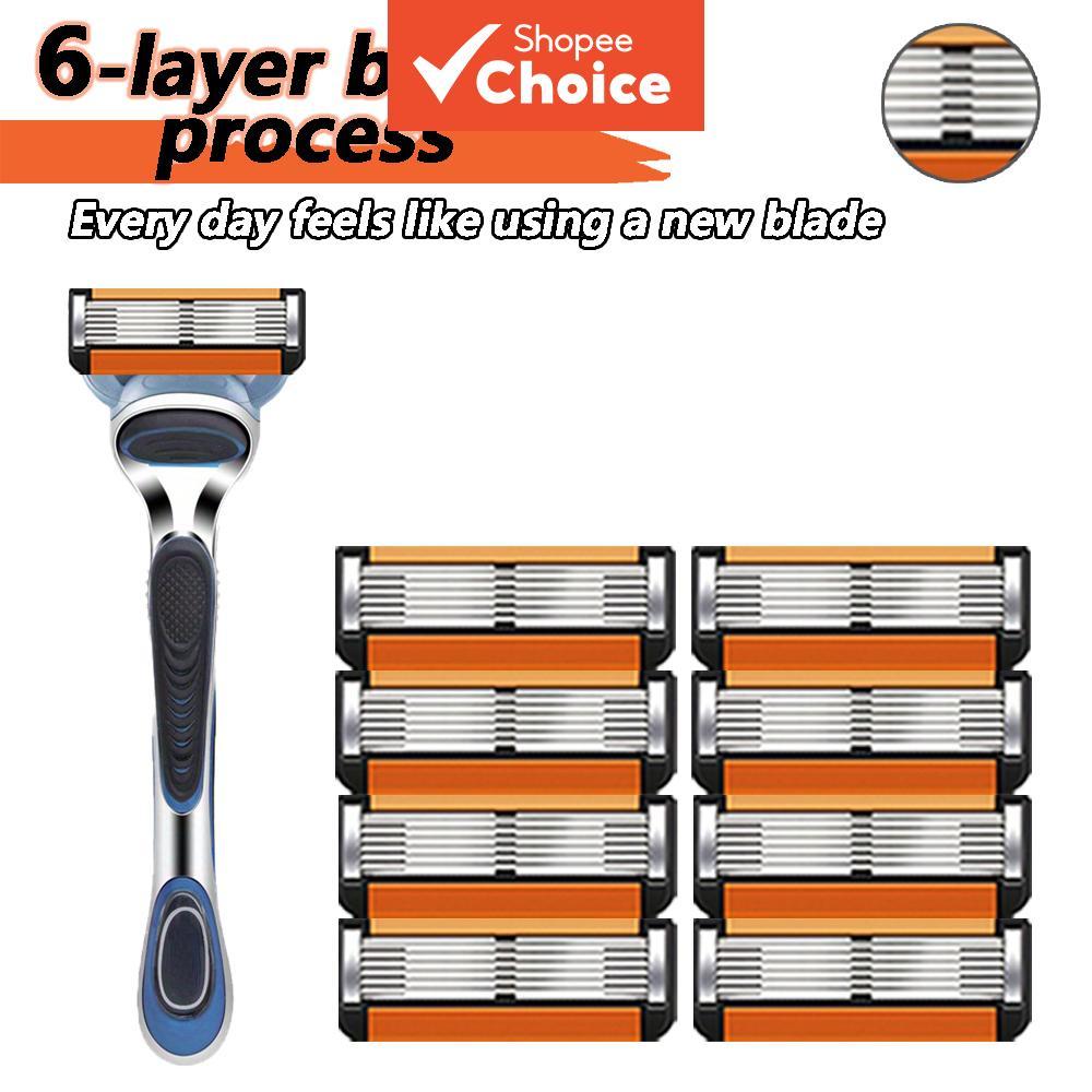 Conjunto De Barbeador Masculino Compatível Com Gillette Fusion – Lâminas De Aço Inoxidável De 6 Camadas , 1 Alça E 8 Rec
