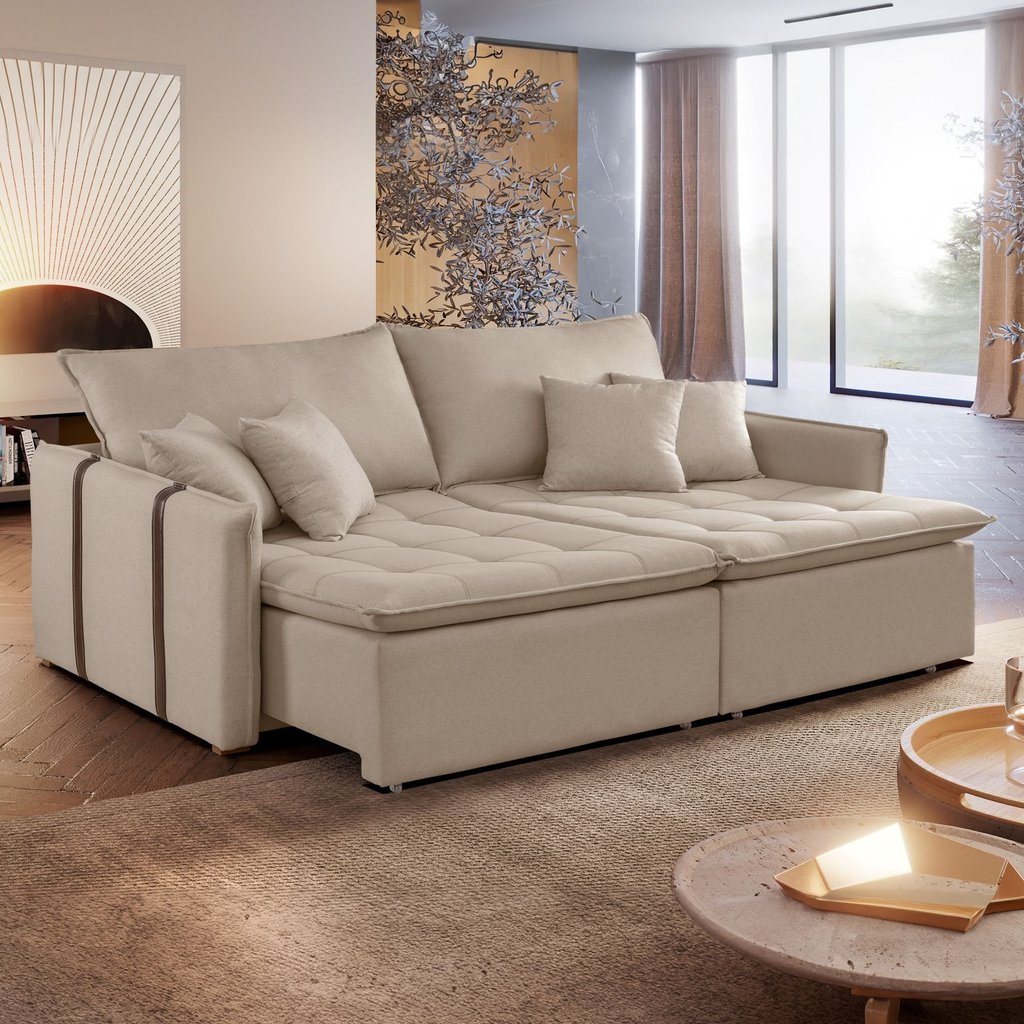 Sofá Cama Retrátil e Reclinável 3 Lugares Linho Bege Detroid 220cm Yescasa Linho Cru