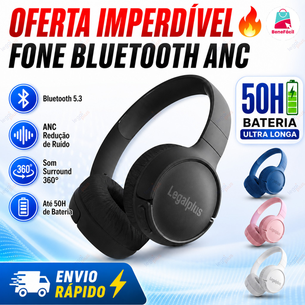 Fone Bluetooth Dobrável ANC Cancelamento de Ruído Hi-Fi 5.3 com Microfone Removível