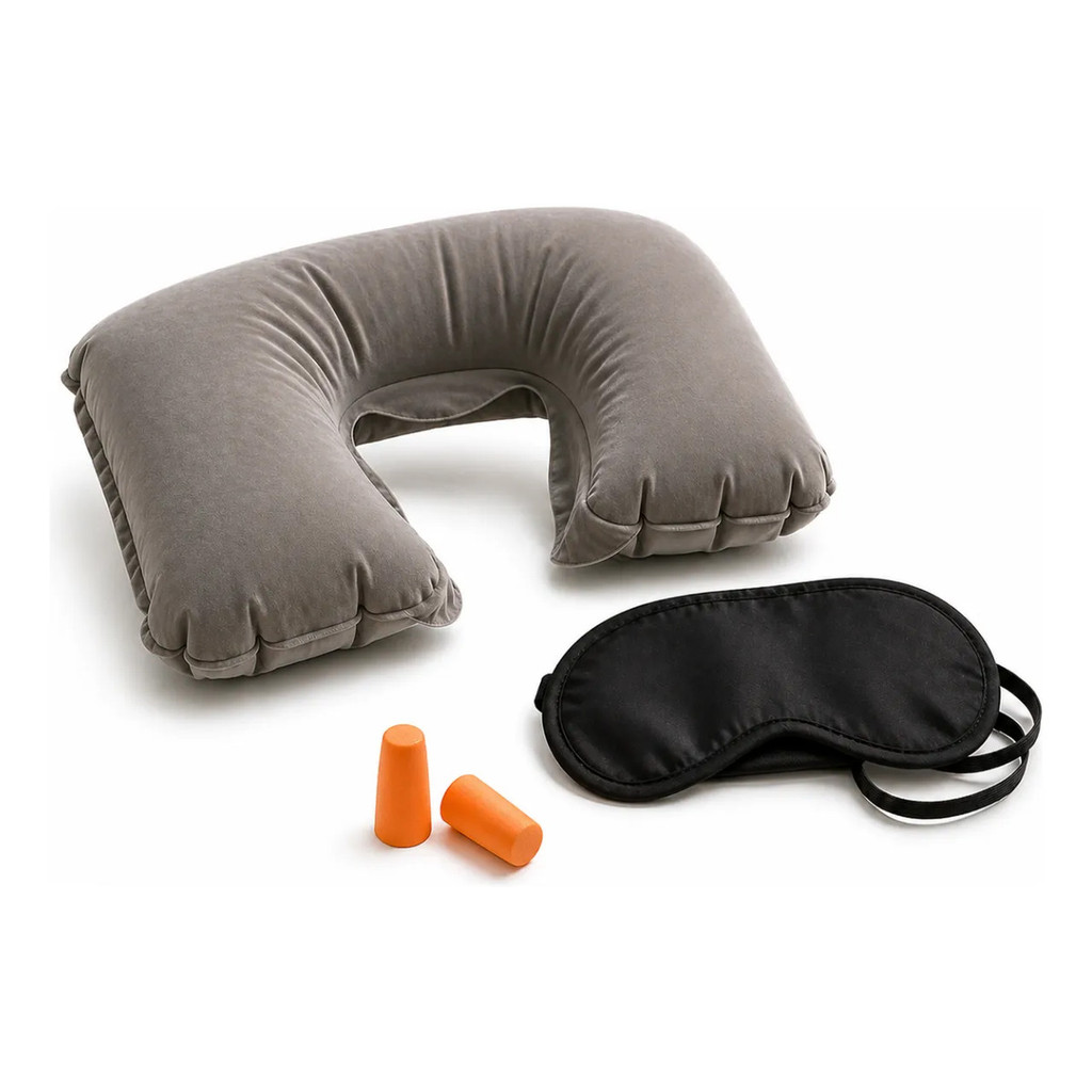 Kit Viagem Almofada Inflável Máscara Tampão Ouvido Conforto Descanso Avião