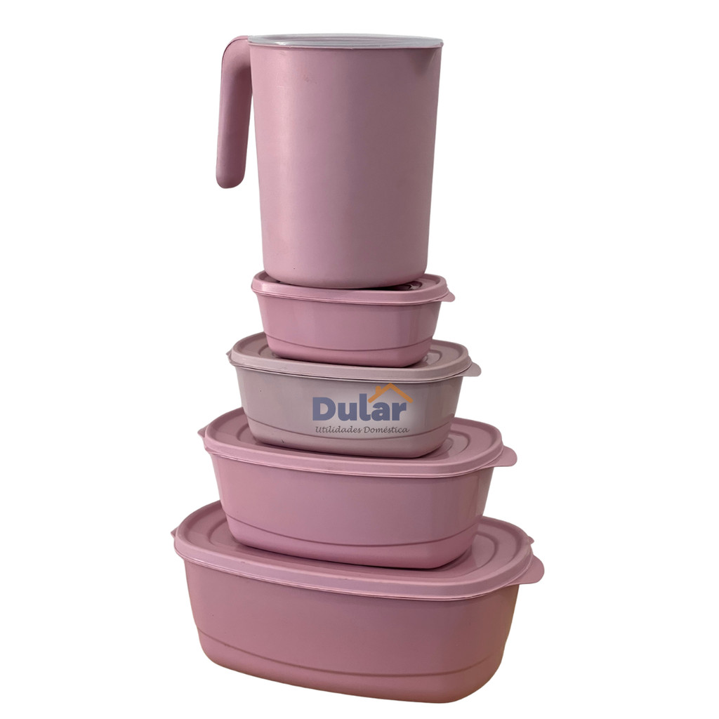 Kit Potes Rosa Jarra + 4 Potes Multiuso Mantimentos Retangular Plastico Cozinha Utilidades
