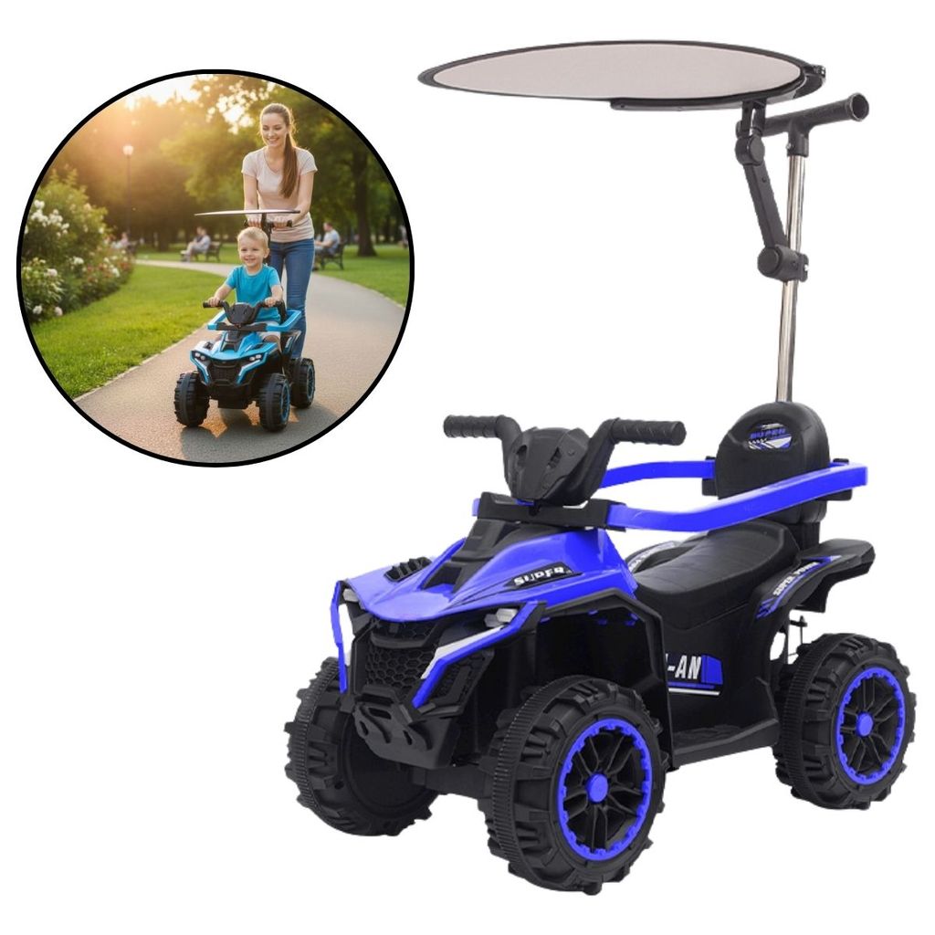 Mini Quadriciclo Elétrico Infantil 6V Com Empurrador Cobertura Bateria Recarregável Proteção Solar Cor Azul - Importway