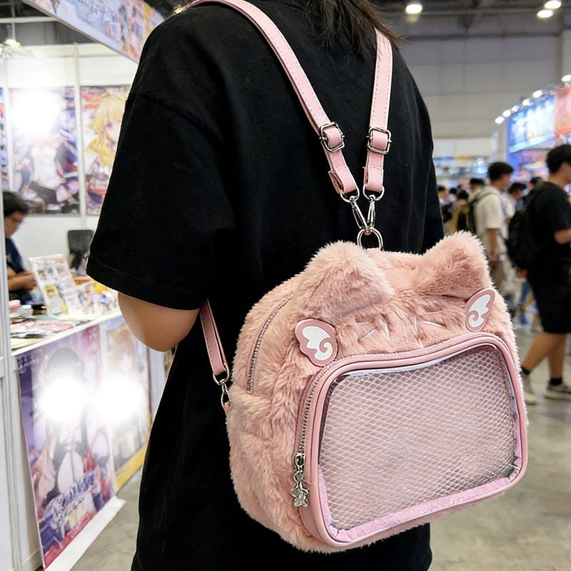 Bolsa Ita em pelúcia rosa,para fãs de anime，kawaii/Lolita/Harajuku/japonesa,Mochila feminina,com janela transparente
