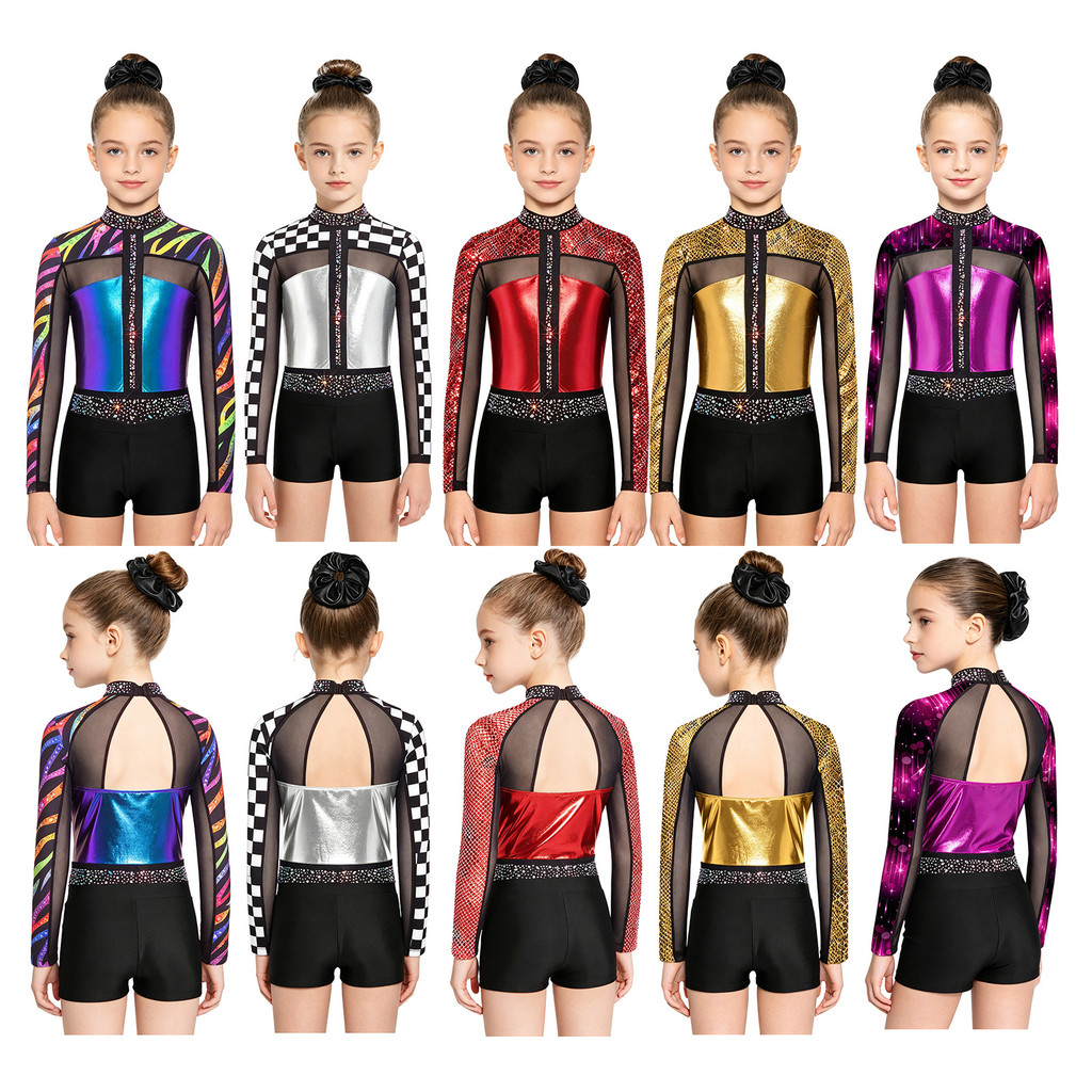 Yeahdor Conjunto De Ginástica De 3 Peças Para Meninas , Strass Brilhantes , Design De Retalhos , Manga Comprida , Recort