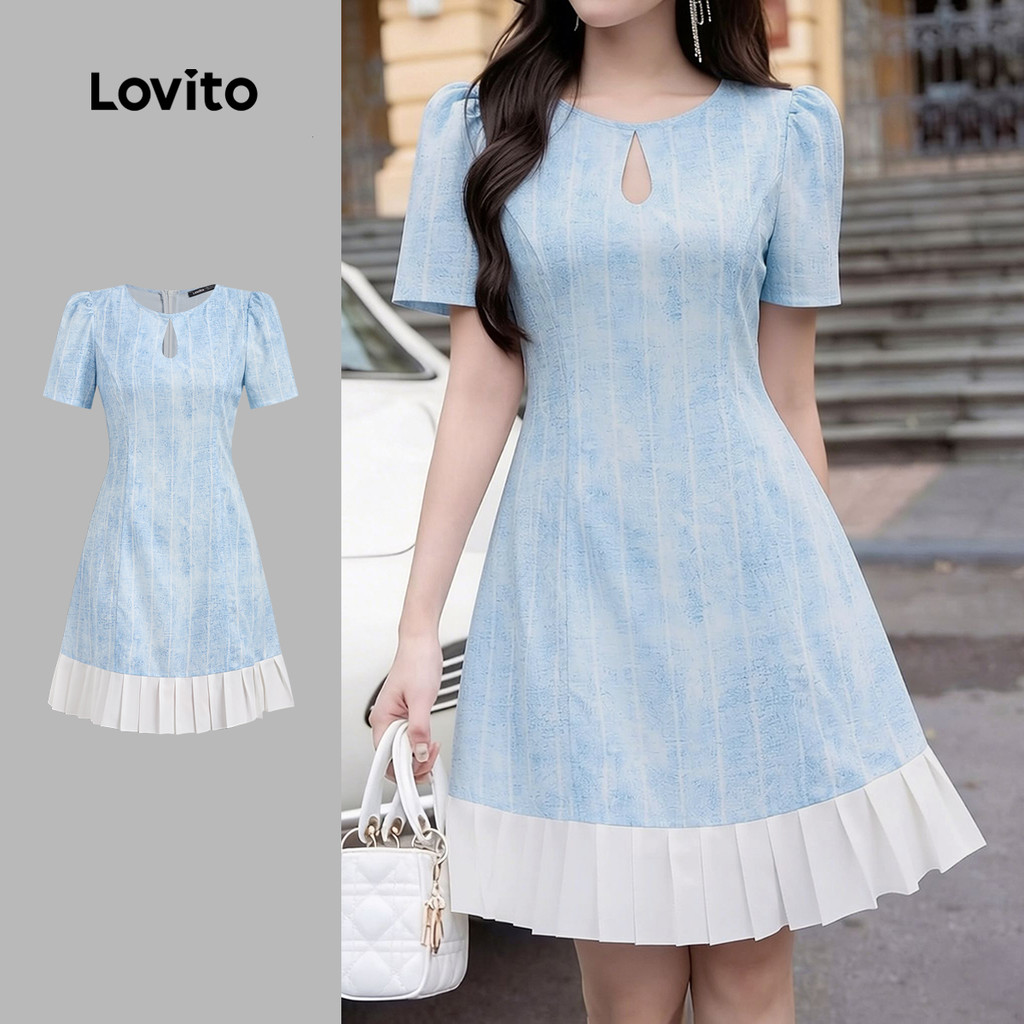Lovito Vestido Casual Azul de Primavera/verão com Recorte Vazado e Plissado para