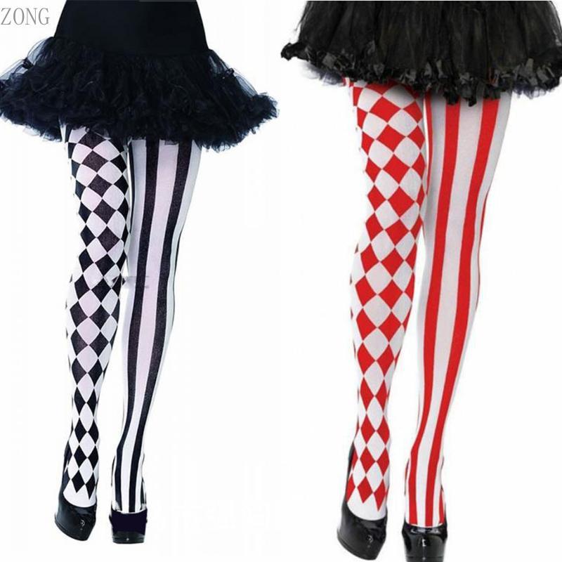 ZONG Halloween Feminino Festa Cosplay Meia-Calça Xadrez Diamante Listrado Impressão Comprimento Total Collants Palhaço T