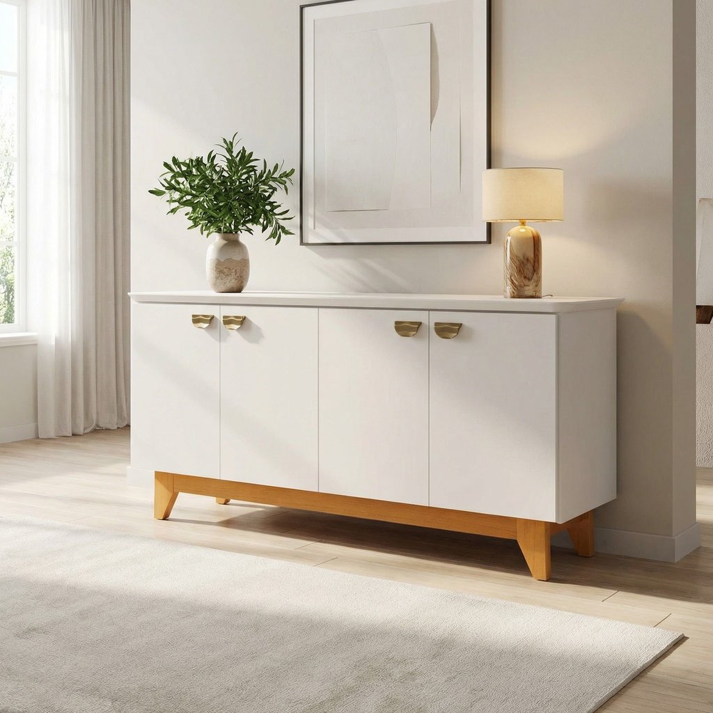 Buffet para Sala de Jantar 4 Portas com Pés de Madeira Maciça Suécia Off White/Nevaska/Cerejeira Nevaska/Cerejeira