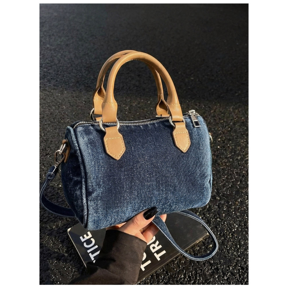 Bolsa Feminina Jeans Boston Bau Transversal Ombro Mao Casual Vintage Pequena Alca Contraste 2026