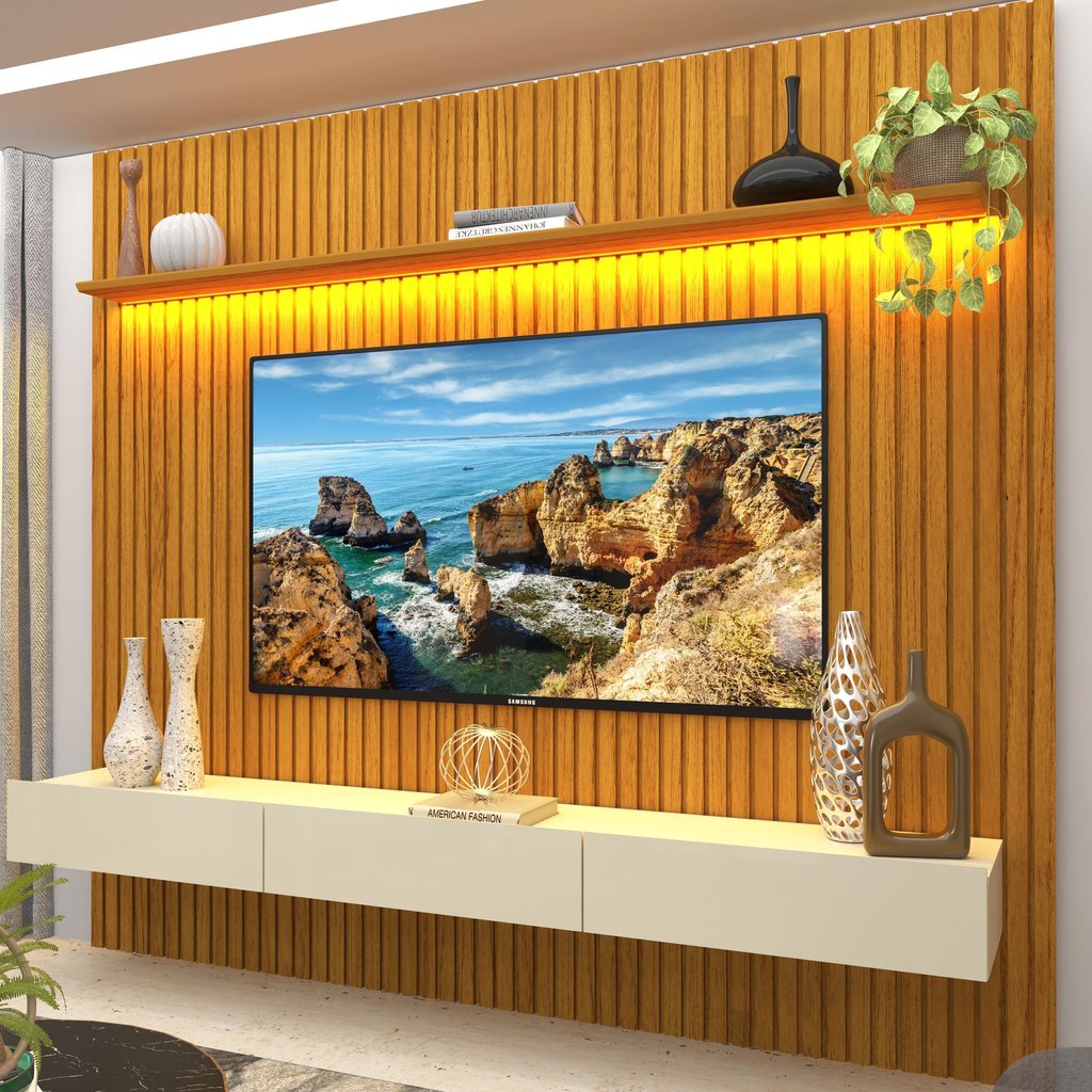 Rack Painel Ripado para TV até 90 Polegadas com LED 100% MDF 228,8cmx250cm 3 Gavetas Marrom Naturale/Off White