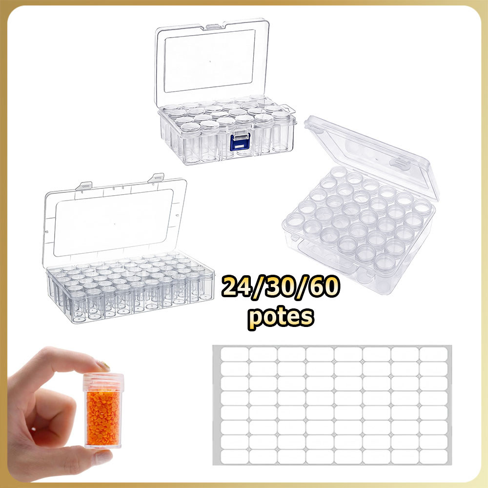 Caixa organizadora para strass 60/30/24 potes redonda com adesivos de etiqueta para sementes strass para unhas strass