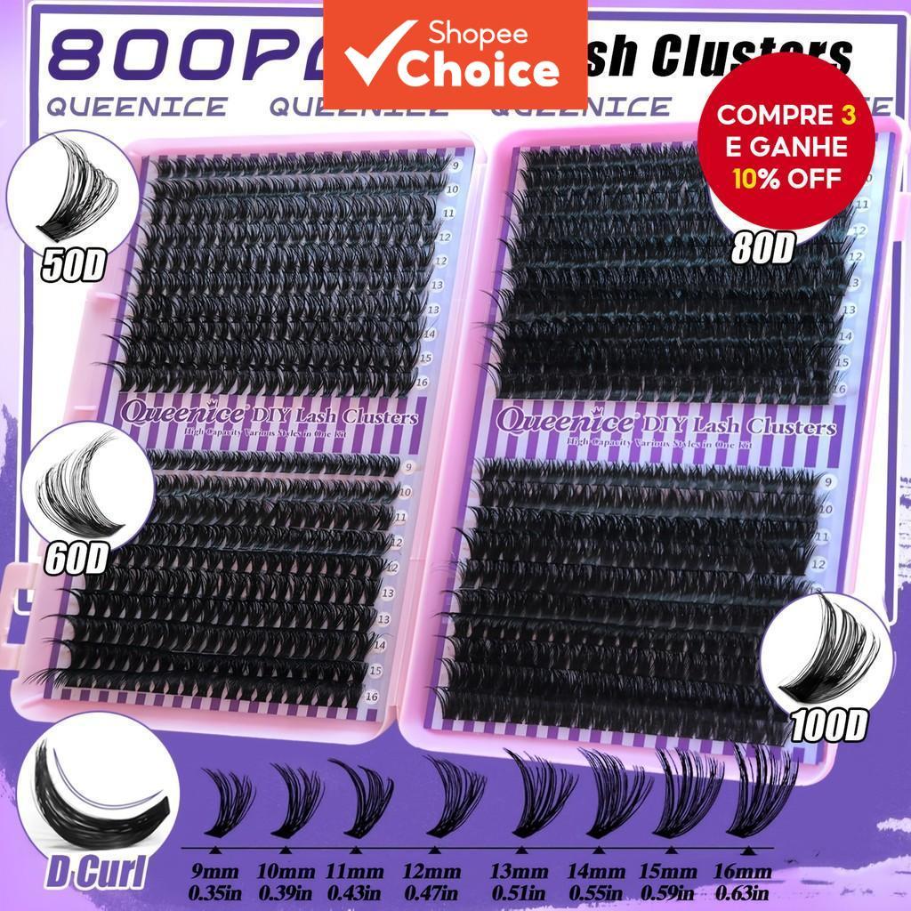QUEENICE 800 Pcs Conjuntos De Cílios Autoadesivos-Kit Fofo D Curl 50D-100D Com Removedor E Pinça Para Férias Glam
