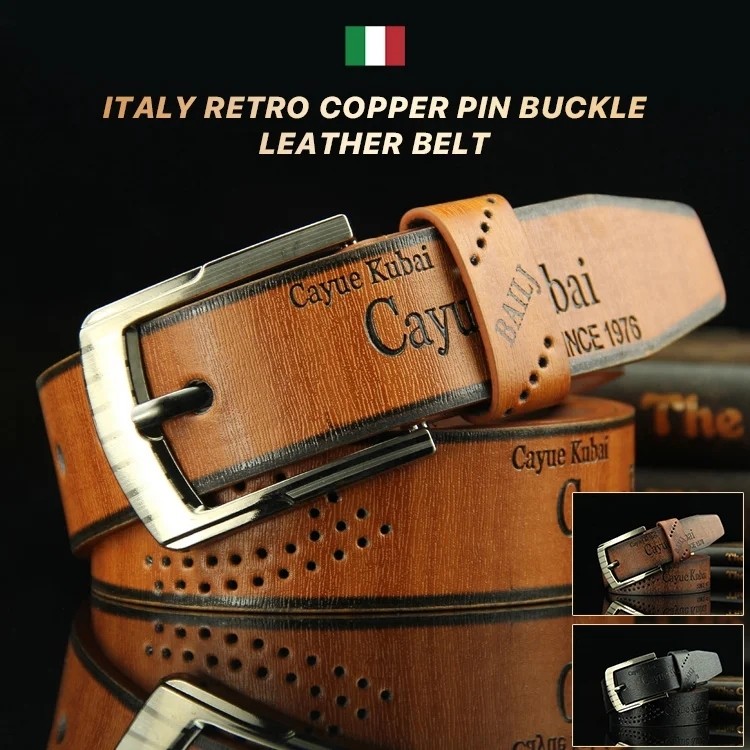 Cinto de couro retrô italiano com fivela de cobre