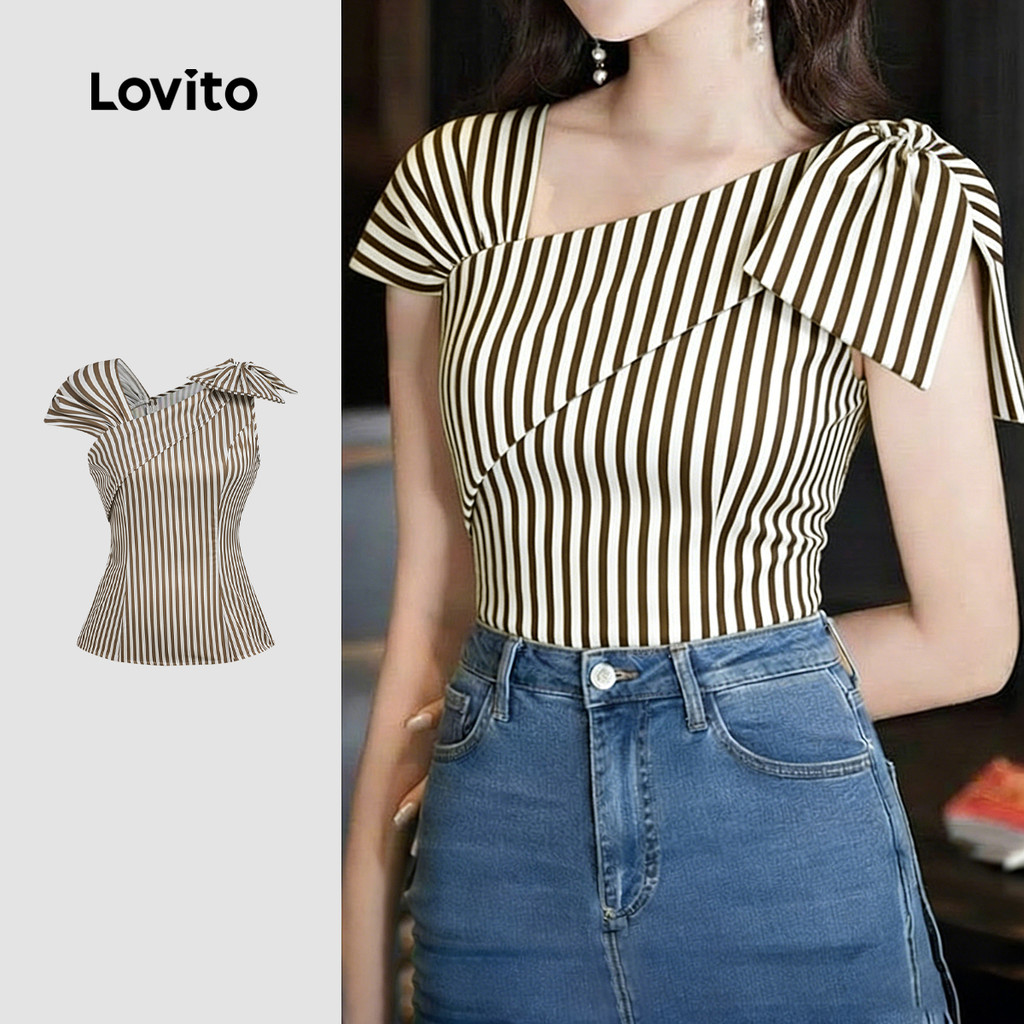 Lovito Blusa Casual Feminina Assimétrica com Linhas Pregas Primavera/verão Cáqui L190ED136
