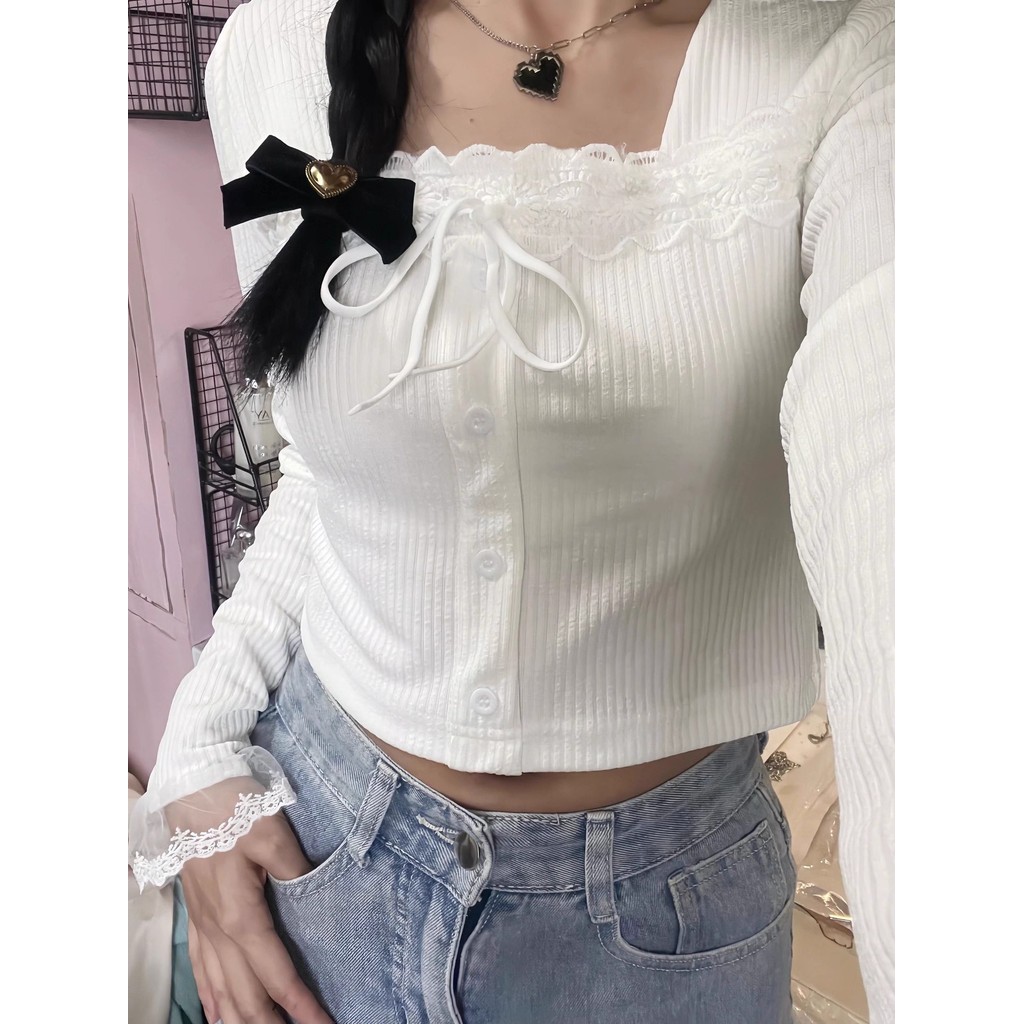 Bm novo estilo branco de manga comprida camiseta pescoço quadrado renda renda ombro genuíno magro-ajuste camisa de fundo