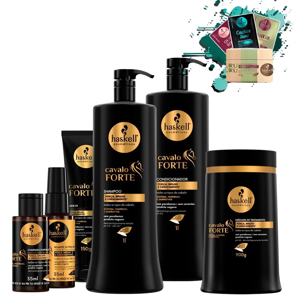 Kit Cavalo Forte 1L/900gr + Leave + Selante de Pontas 35ml + Complexo Fortalecedor Haskell