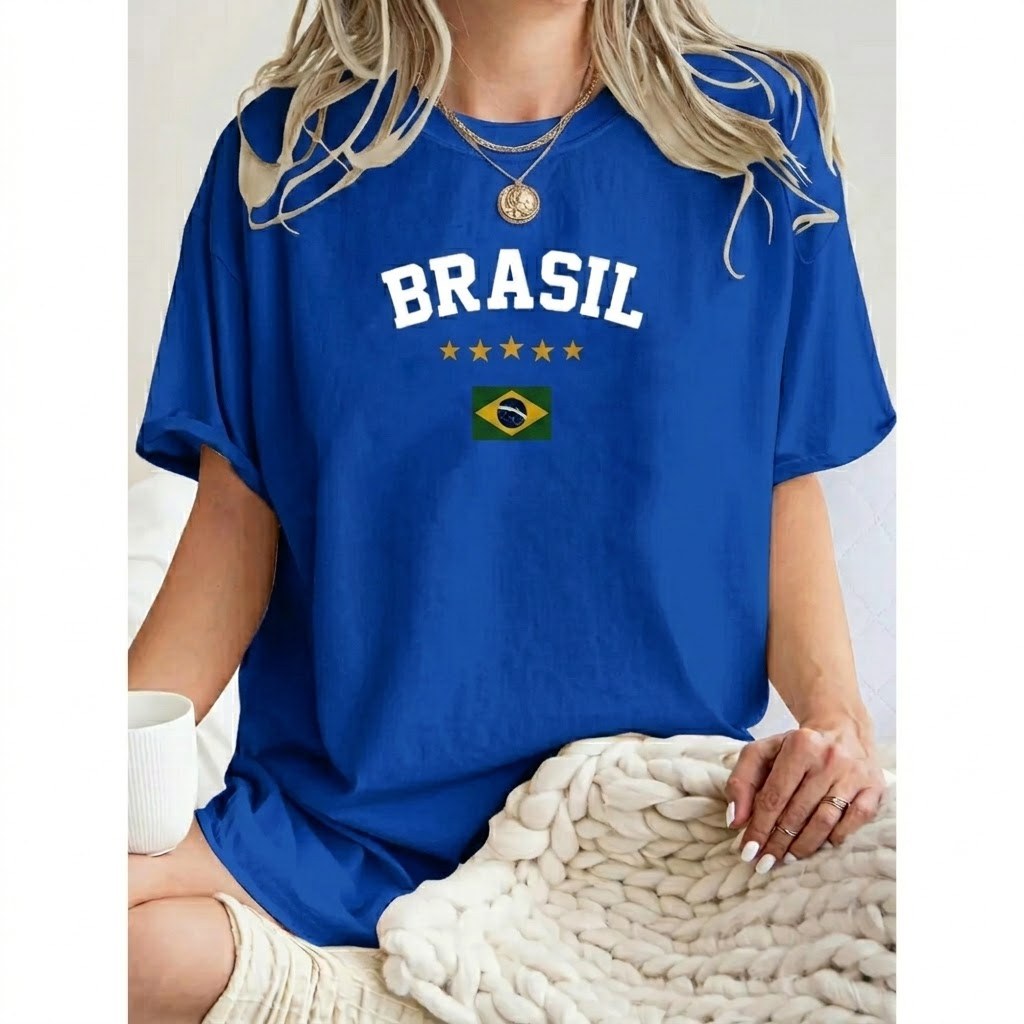 Camiseta Brasil Feminina Copa Do Mundo Camisa 100% Algodão Moda Over