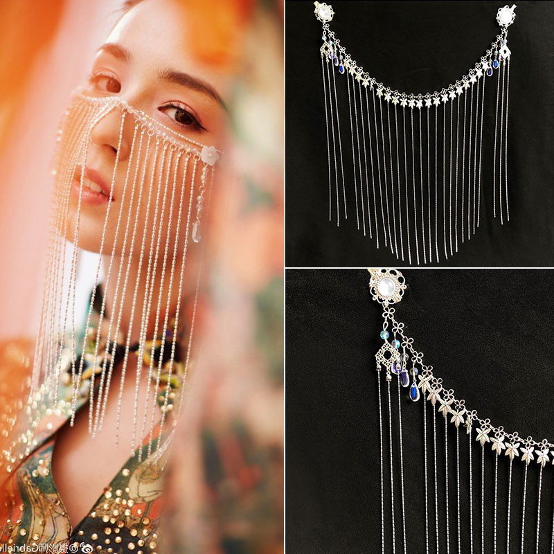 Véu antigo feminino capa rosto antigo acessórios de fantasia Hanfu cocar borla elegante passo agitando antigo frisado pe