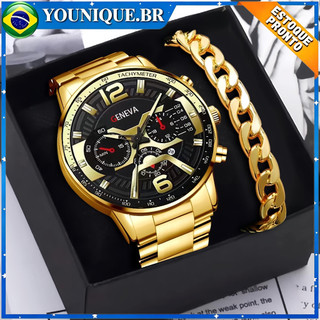 Relógio de quartzo masculino luxuoso cronógrafo à prova d'água dourado esportivo de aço i…