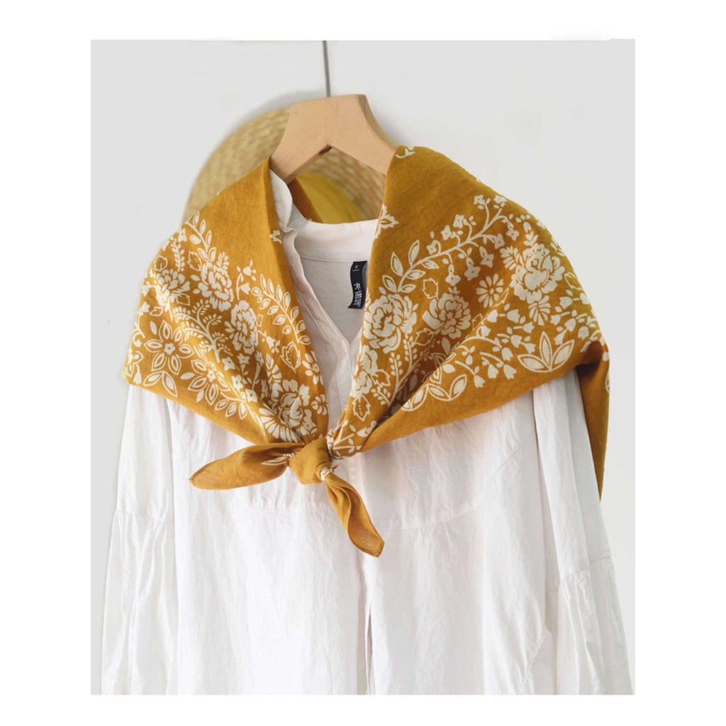 Todo o algodão amarelo Floral 90 lenço quadrado grande todo algodão estilo fino protetor solar proteger a coluna Cervica