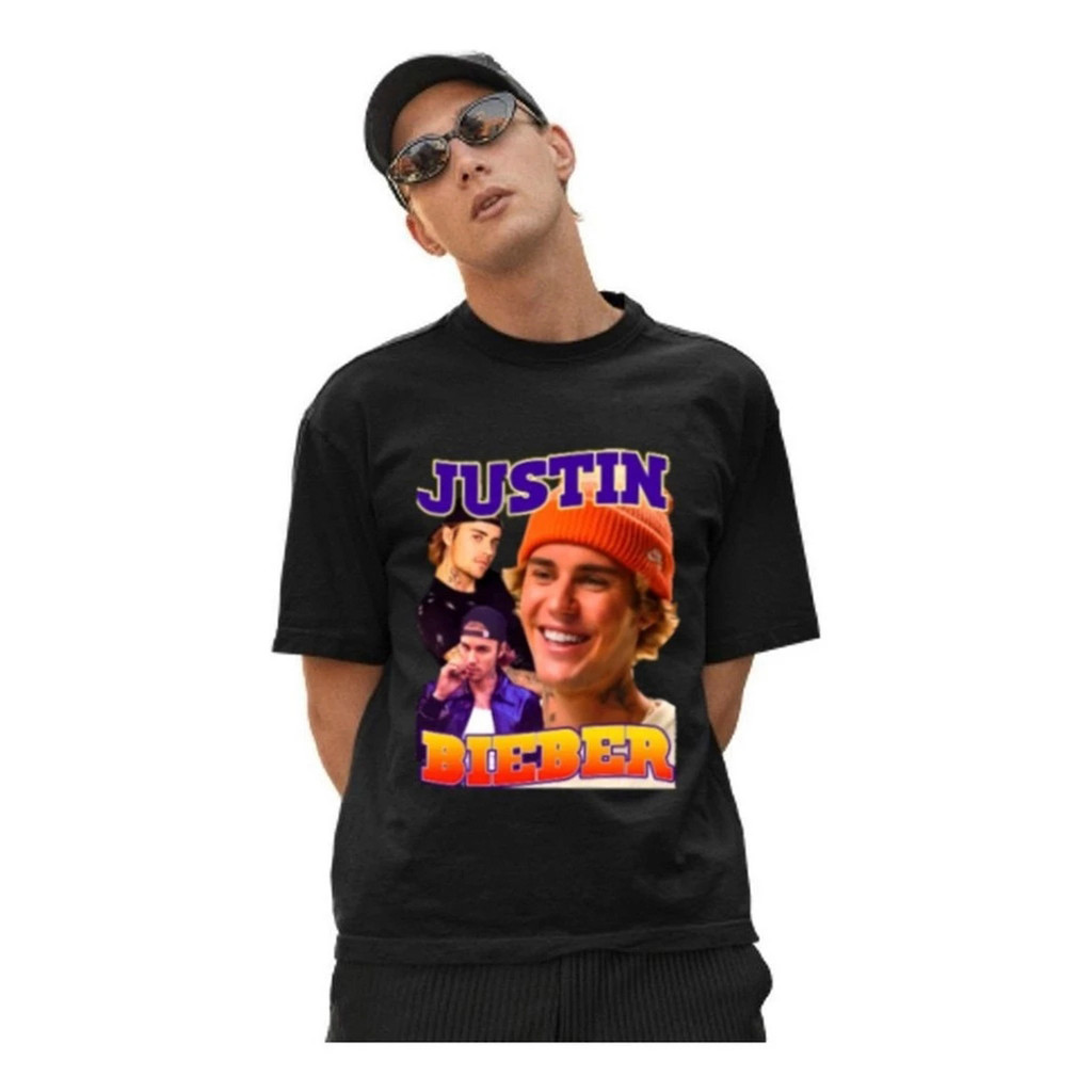 Camiseta Vintage Estampada Justin Biliber Cantor Pop Retrô Streetwear Oversized Moda Unissex 100% Algodão