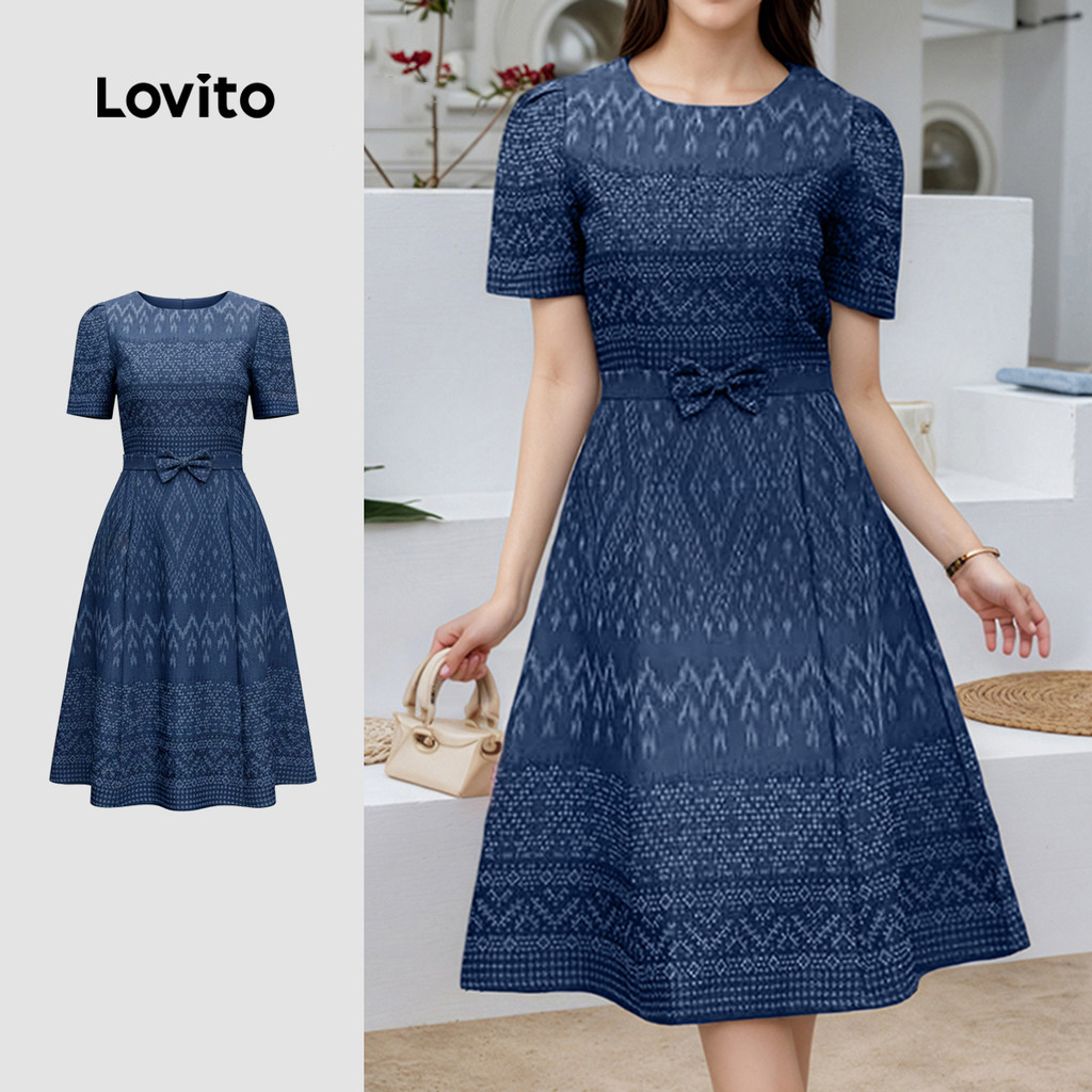 Lovito Vestido Casual Estrutura Linha Primavera/verão Azul Marinho para Mulheres