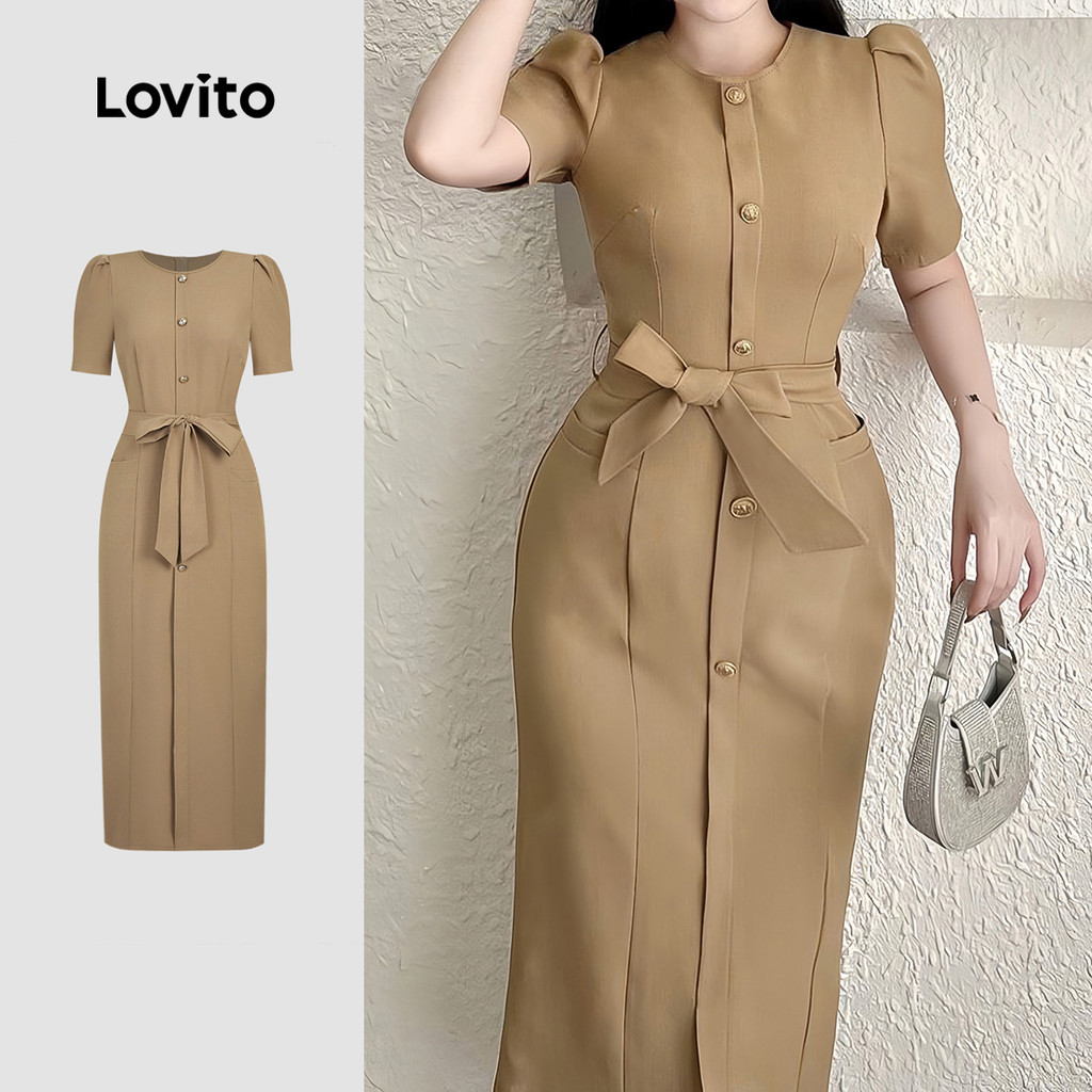 Lovito Vestido Elegante com Botões e Cinto Vestido Caqui Primavera/verão para mulheres L34LD056 em Oferta na Shopee