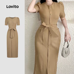 Lovito Elegante Vestido com Botões e Cinto Vestido Caqui Primavera/verão para mulheres L34LD056