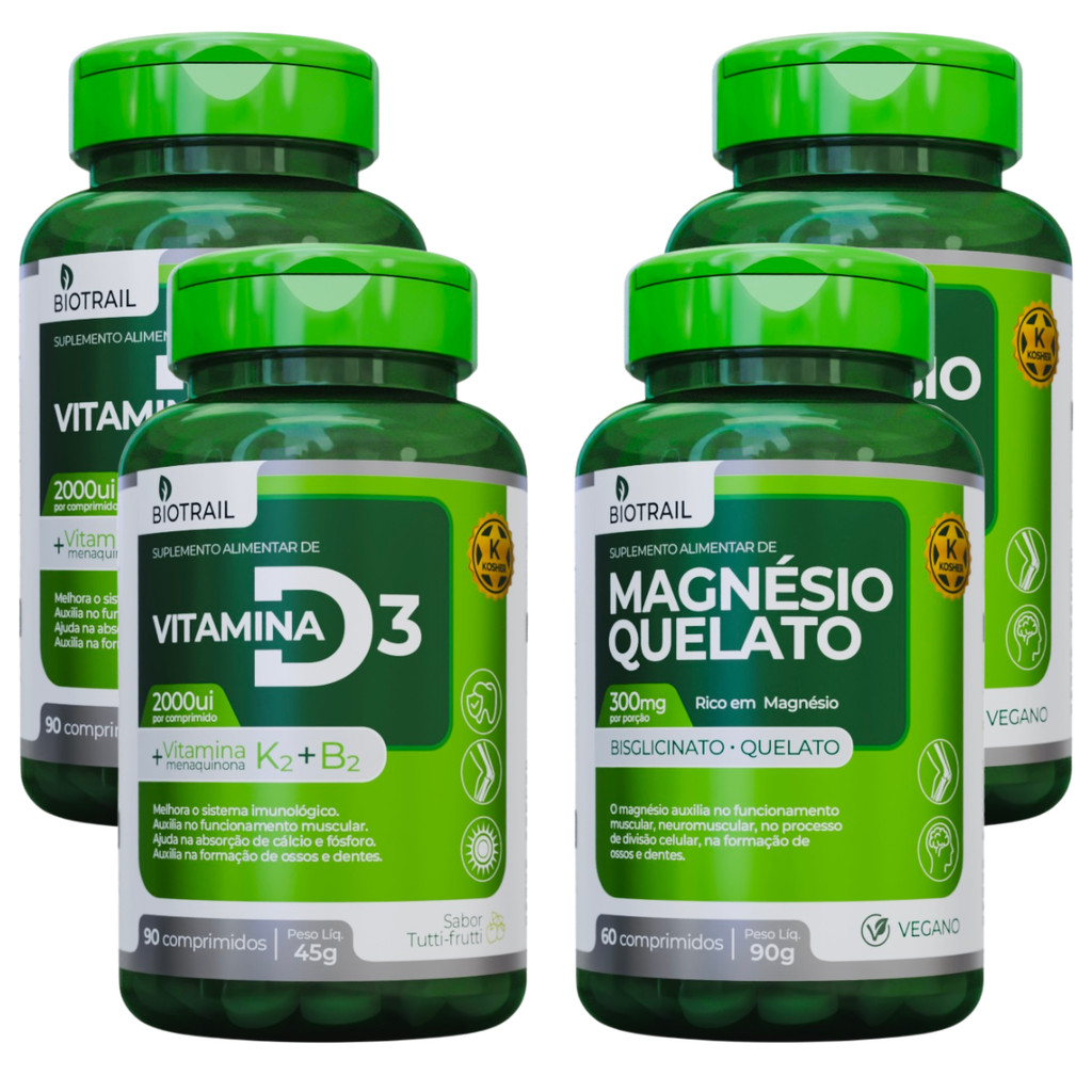 KIT 2 Vitamina D3 K2 B2 2000UI + 2 Magnésio Quelato Bisglicinato Biotrail Alta Absorção Imunidade Sono Energia