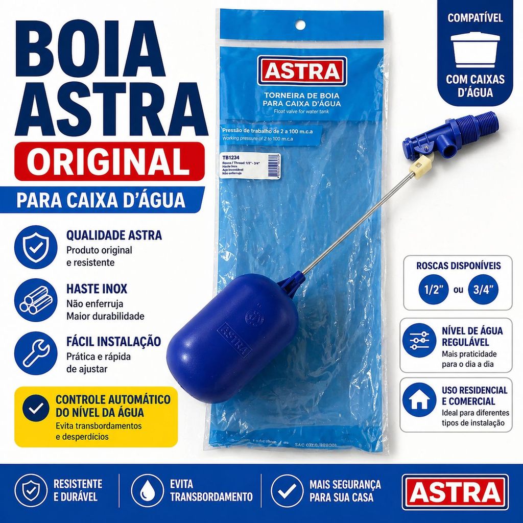 Boia Caixa Dagua Astra Torneira Boia Inox 1/2 3/4 Original
