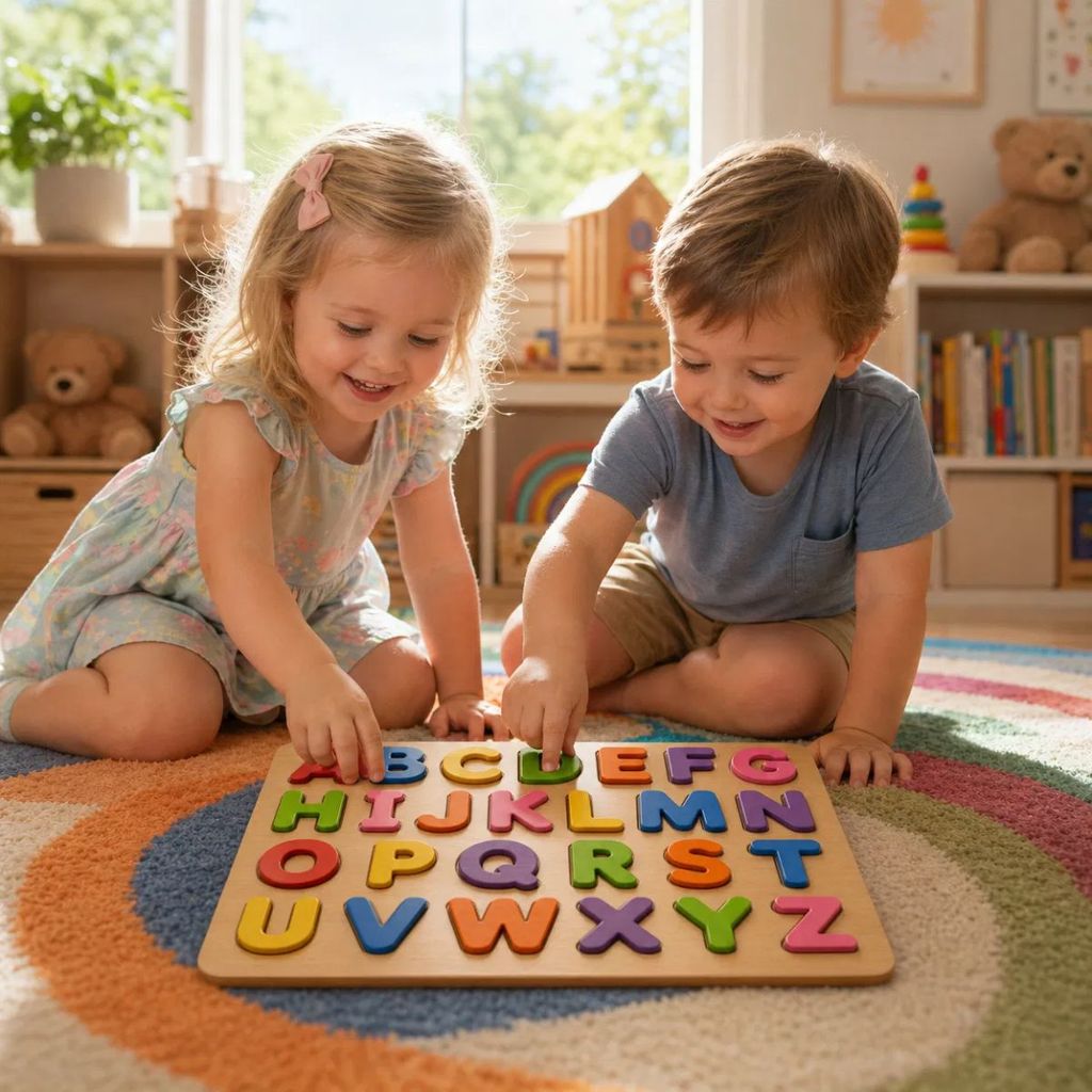 Brinquedo Didático Infantil Madeira 26 Letras Coloridas Encaixe Aprender Alfabeto