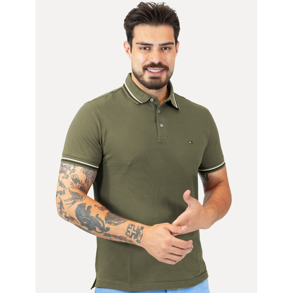Polo Tommy Hilfiger Masculina Slim Tipped Collar Verde Militar