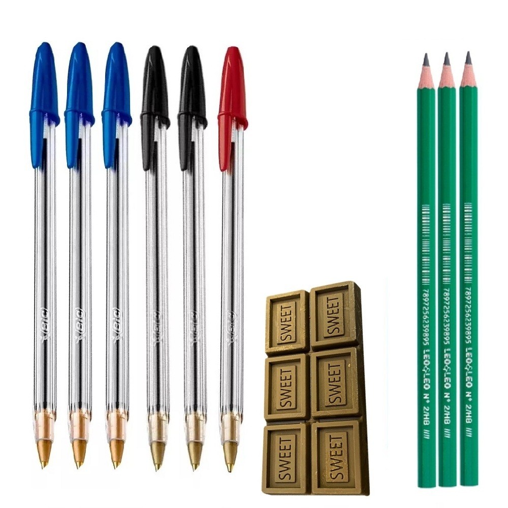 Kit Escolar 3 Lapis Leo s/borracha 1 Borracha e 6 Canetas Bic