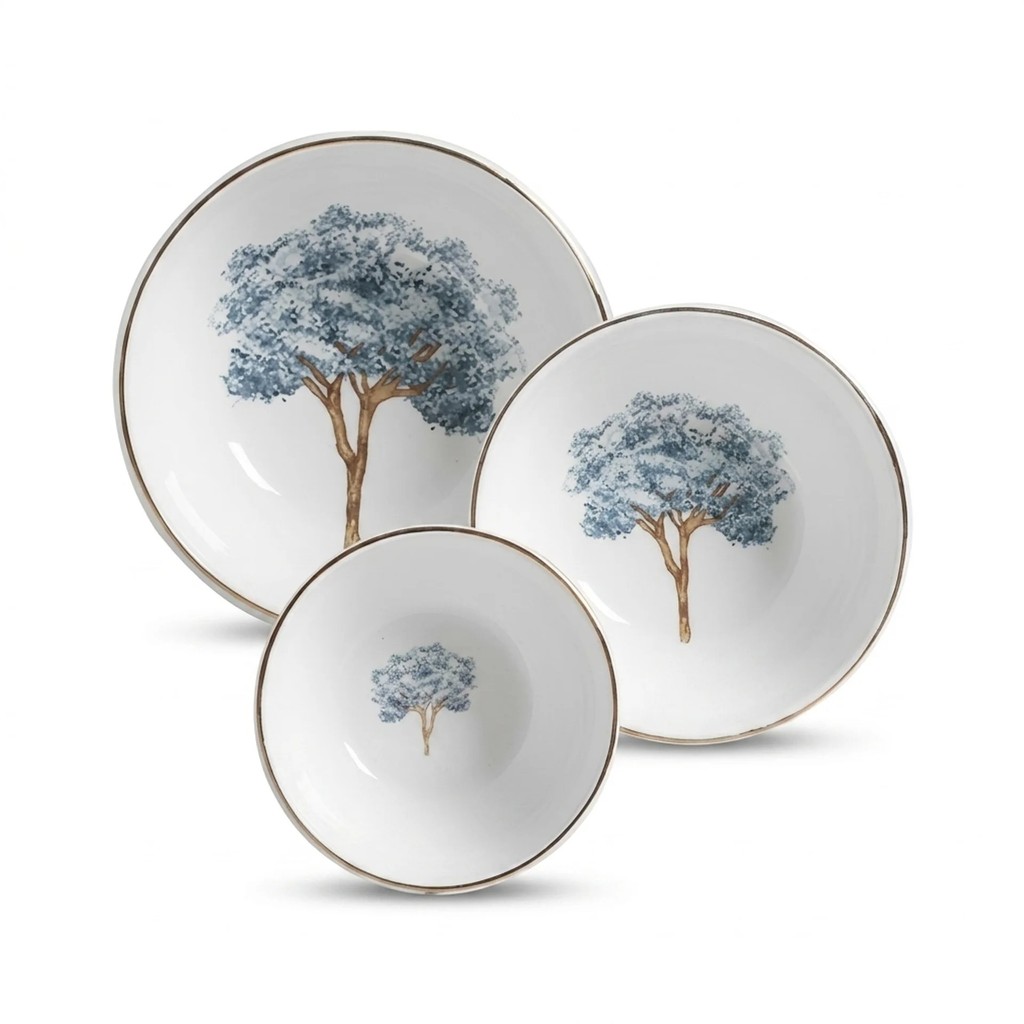 Conjunto 3 Tigelas Ipê Azul Bowl Prato de Massa e Tigela Grande Cerâmica Scalla