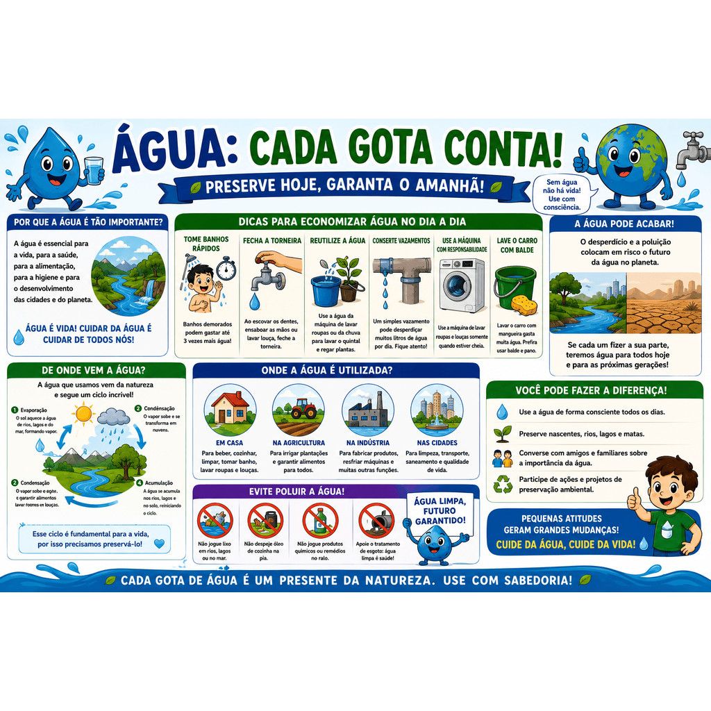 Banner Educativo Infantil Pedagógico Escolar Lona 90x50 4 Com Ilhós  Água: cada gota conta!