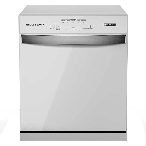 Lava Louças Brastemp BLF08BB de 8 serviços na cor branca com painel frontal de controle e puxador metálico