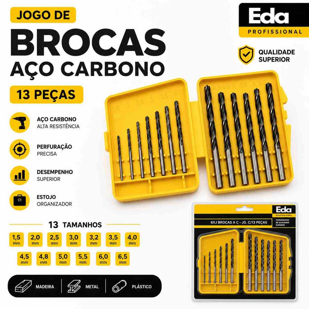 Jogo De Brocas Aço Carbono 13 Peças Para Madeira e Metal Com Estojo Organizador