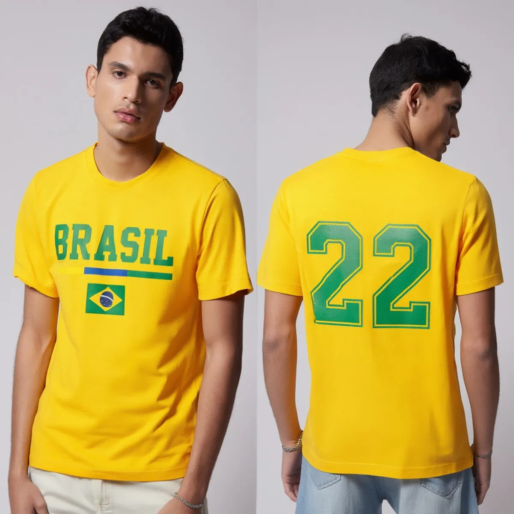 Camiseta Brasil Número 22 Patriotas Unissex Em Algodão Confortável Amarela Verde Frontal Brasil E Número Nas Costas