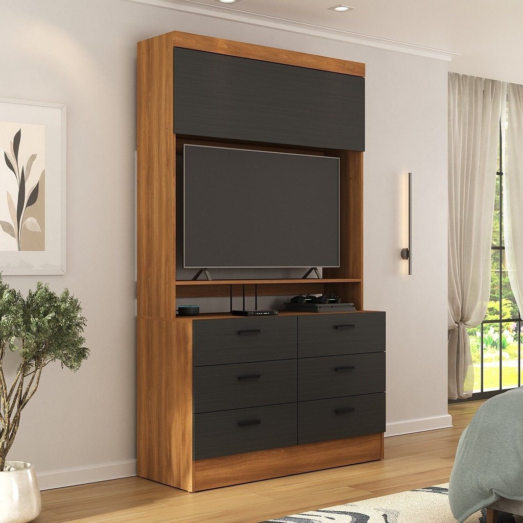 Cômoda para Quarto para TV até 42 Polegadas Viena 1 Porta 6 Gavetas Yescasa Marrom/Nogal/Grafite Grafite/Nogal