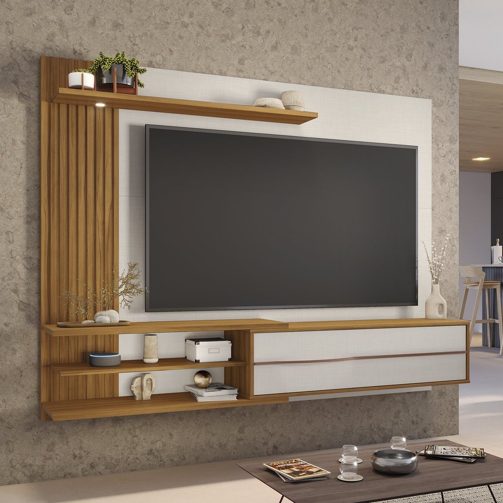Painel Ripado para TV até 65 Polegadas com LED 181CMX152CM Nt 1355 Marrom Off Branco/Freijó Trend