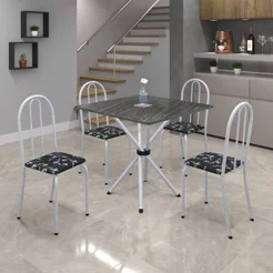 Conjunto de Mesa Tubular 70x70cm Tampo em Ardósia com 4 Cadeiras Ane B Branco/Preto Floral/Mart Pérola/Indiano Preto