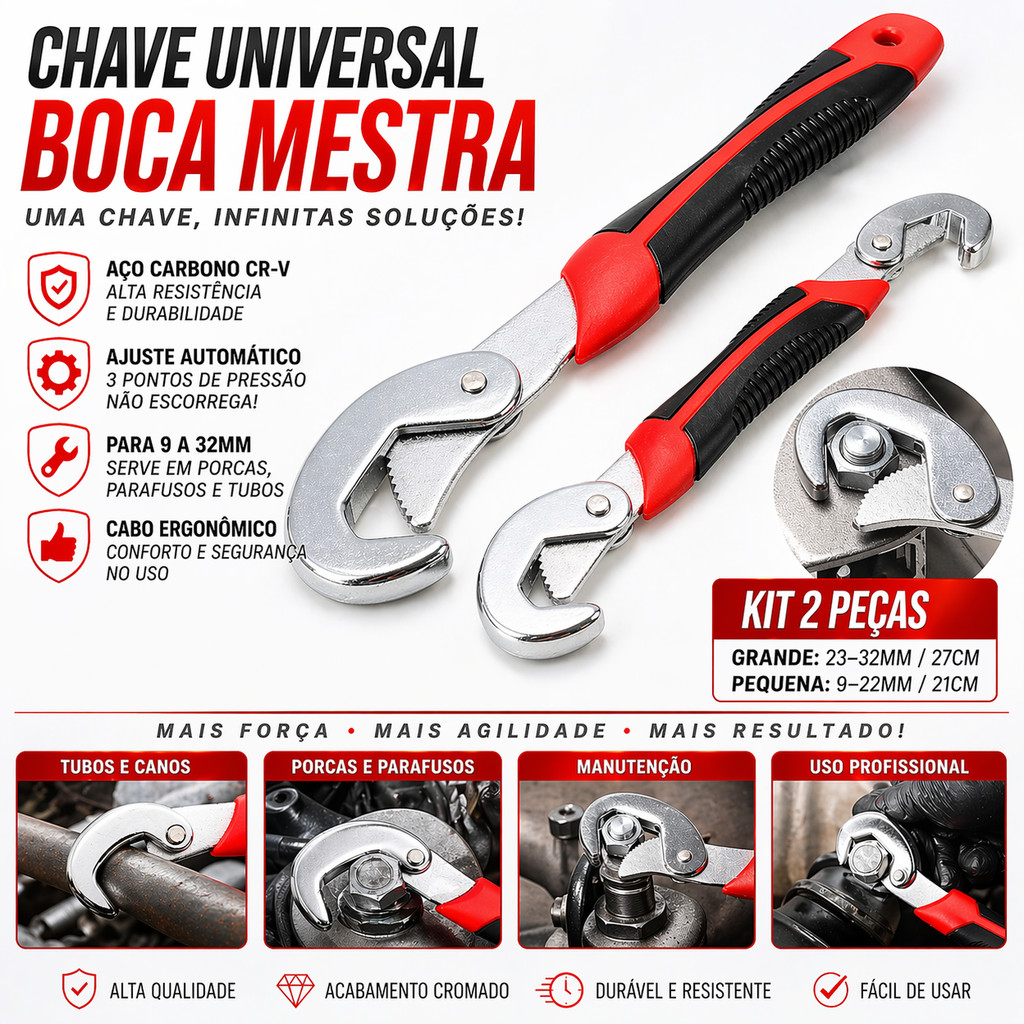 Kit Chave Universal Ajustável 9-32mm CRV Jogo 2 Peças Boca Mestra Auto Ajuste Alta Resistência Profissional