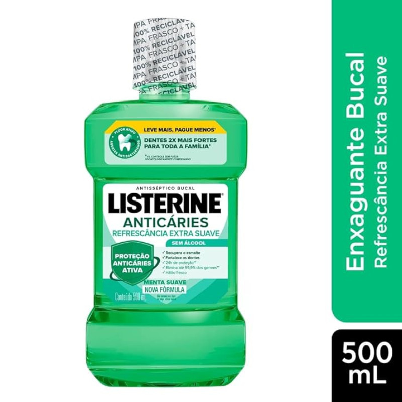 Listerine Anticáries Enxaguante Bucal refrescância Extra Suave, 500mL - VENCIMENTO 10/2027