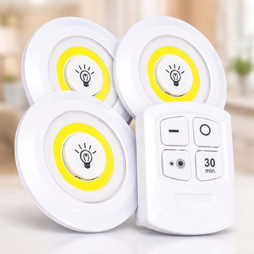 Kit 3 Spot LED Touch Sem Fio Controle Remoto Timer 30min a Pilha AAA Armário Closet Cozinha